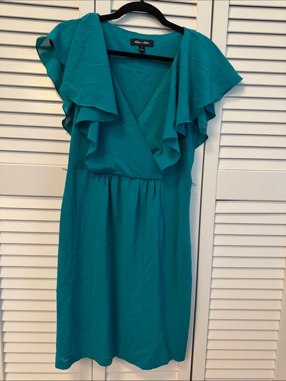 Alice + Olivia Teal Flutter-Sleeve V-Neck Midi Dress